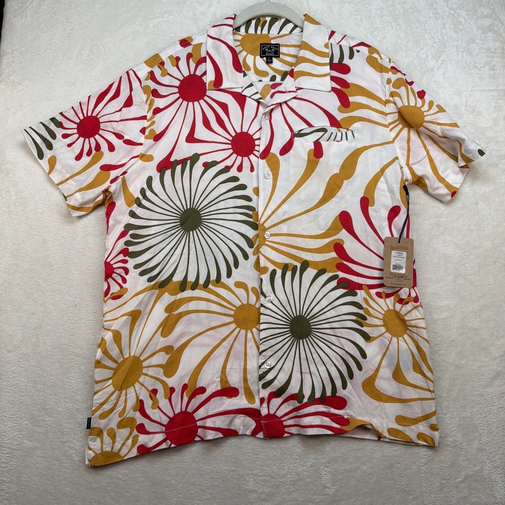 Dark Seas Hawaiian Shirt Men's Large Rayon Floral Camp Collar Surf Tropical